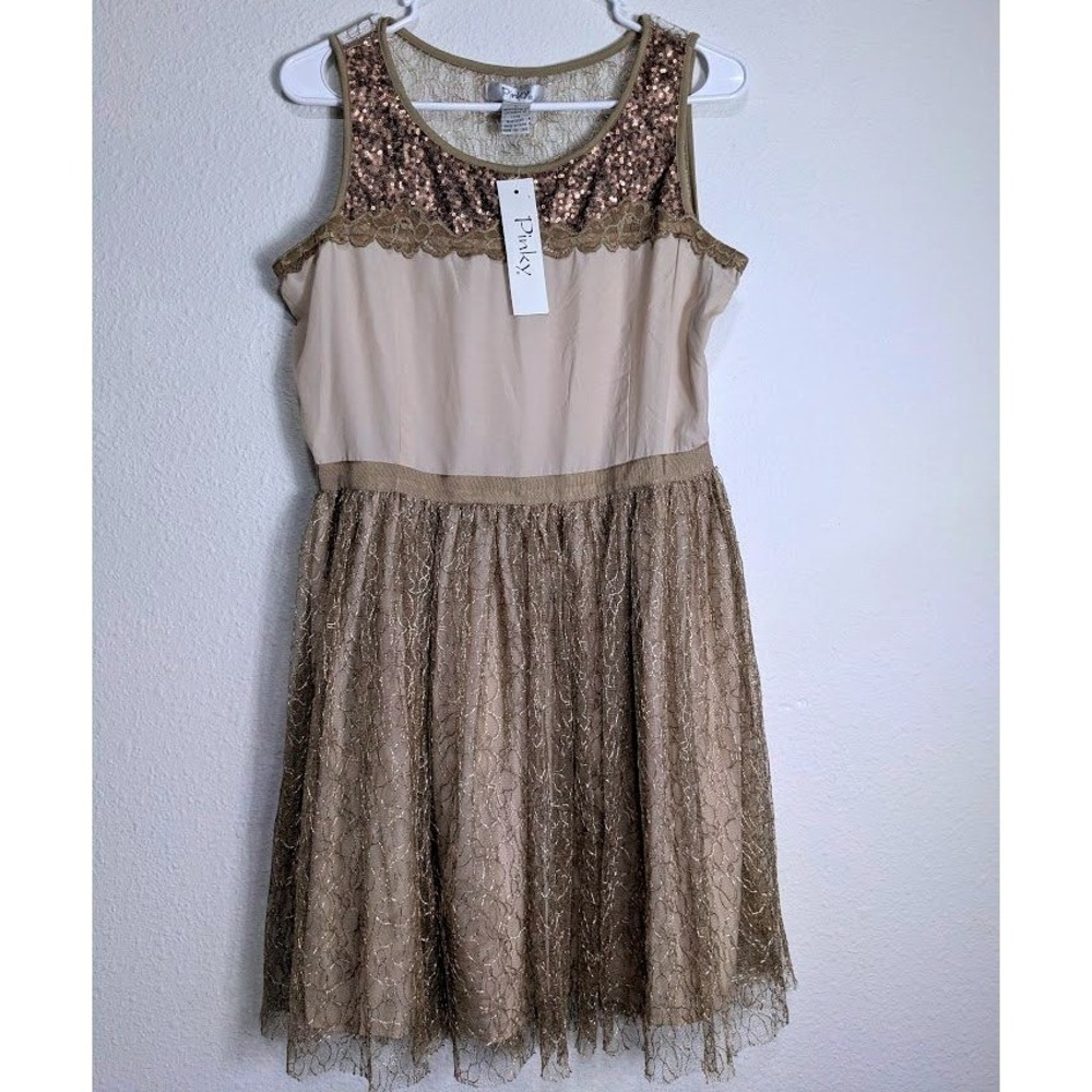 Pinky Womens Gold Sequin Lace‎ Mesh L Fit Flare  Party Dress Cream Bronze NWT - Picture 2 of 8